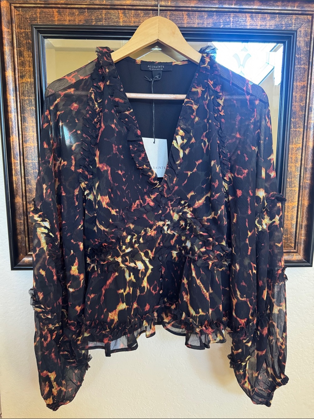 All Saints Pardus Flame Brown Ruffled V-Neck Blouse with Warm Abstract Print